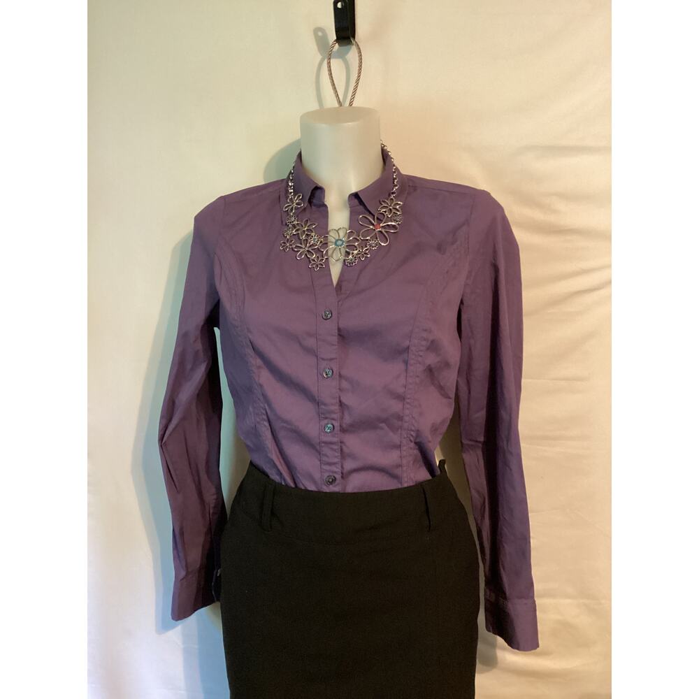 2569 Old Navy Women Button Down Blouse Purple Small Petite Roll Up Button Sleeve